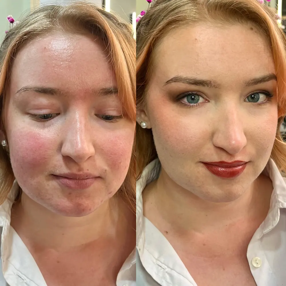 Avant / après d’une mise en beauté : teint unifié, regard défini et lèvres rouges
