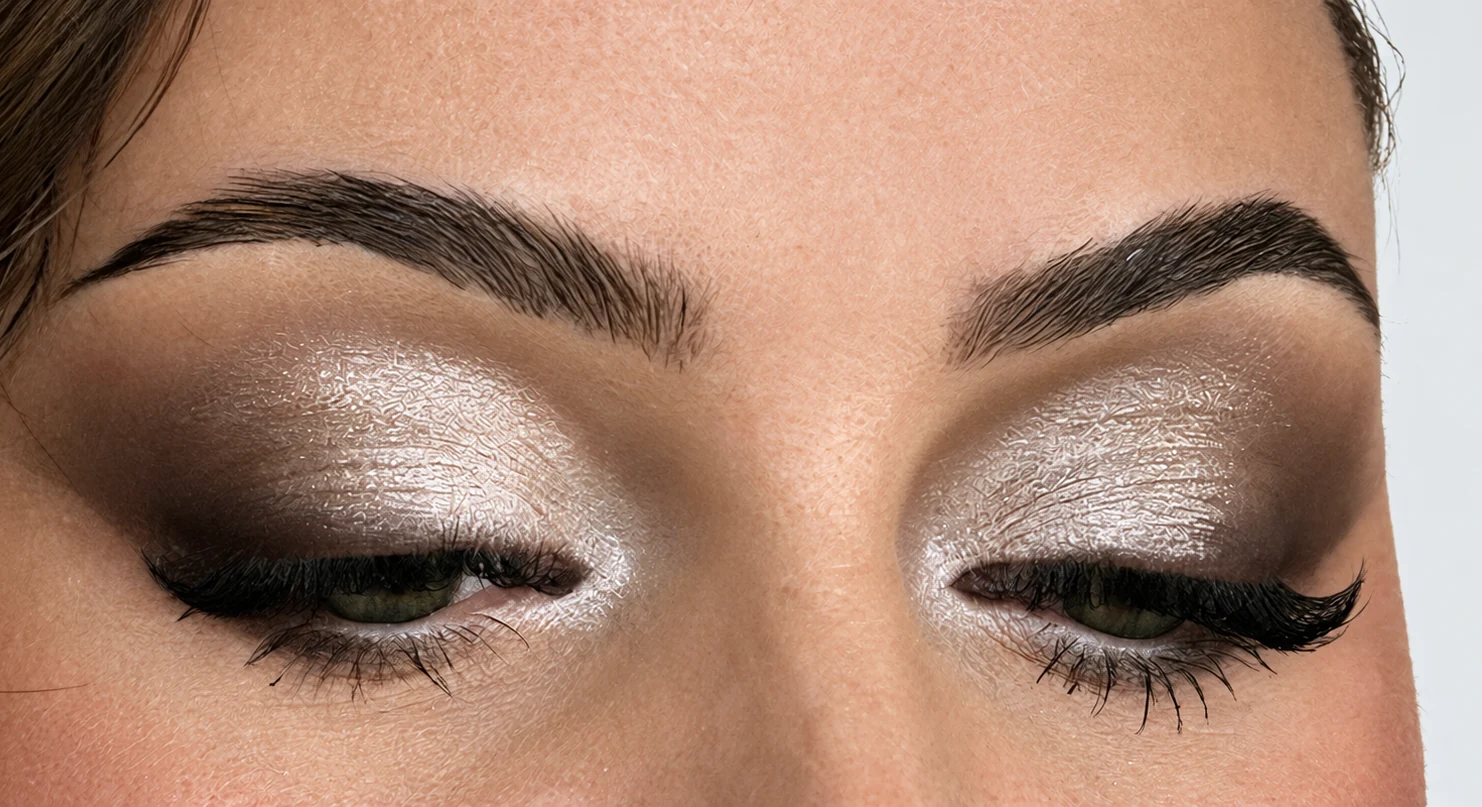 Très gros plan sur un regard maquillé : paupières nacrées, estompé brun et sourcils dessinés